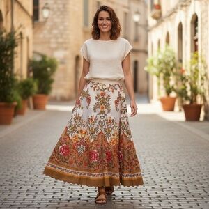 Coldwater Creek Vintage A-Line Cotton Skirt - Beige Floral Red and Brown